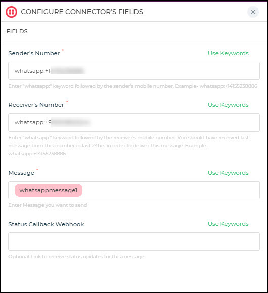 Twilio connector configuration for Whatsapp