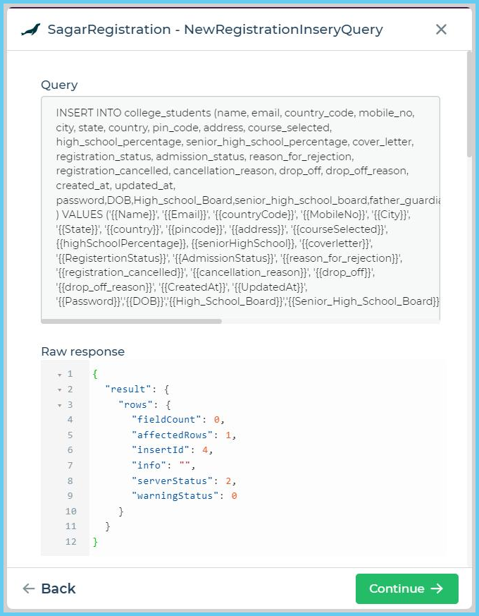 insert query and raw response will apear
